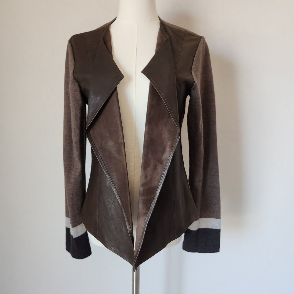 Biancalancia Made in Italy Leather Wool Draped Open Jacket Cardigan Brown